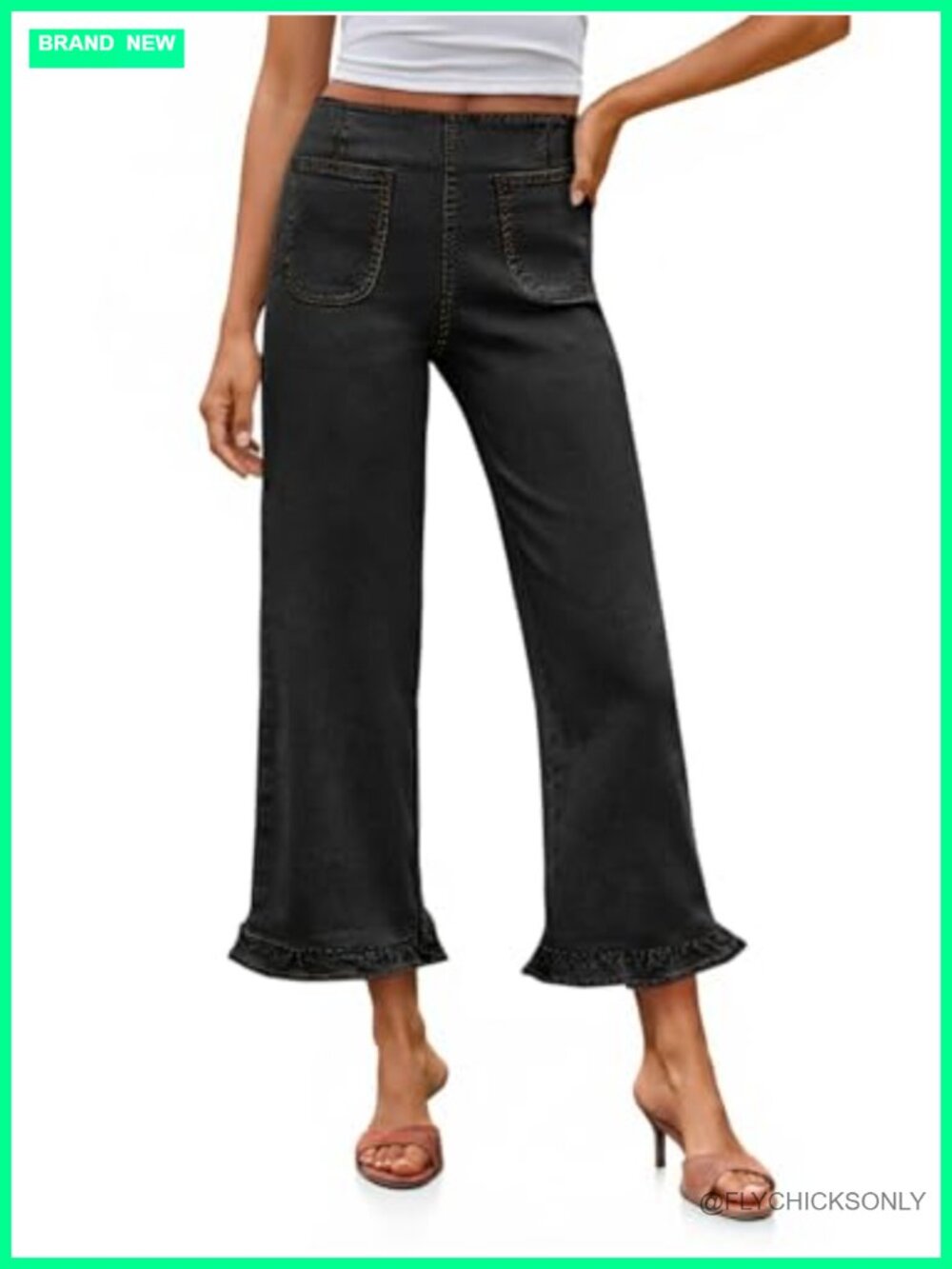 High Waisted Cropped Wide Leg Jeans Ruffle Hem Side Zip Capris